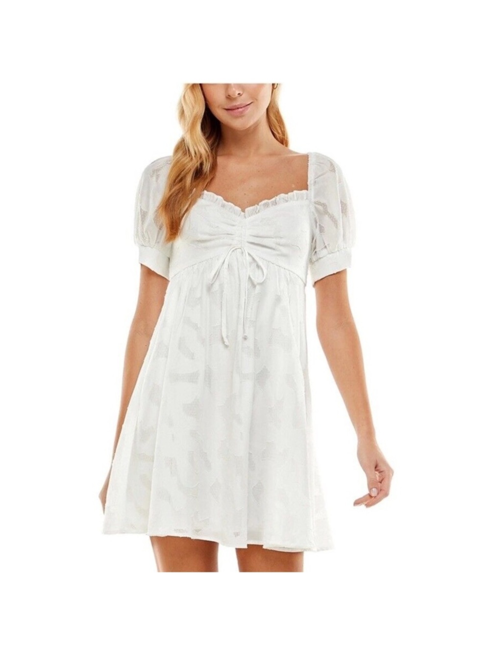 City Studio White Textured Mini Dress with Puff Detail - Picture 1 of 4